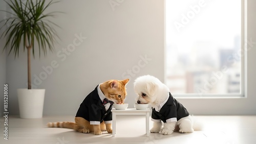 Minimalist Pet Accessories on Clean Cat and Dog in Tuxedos Sipping Tea