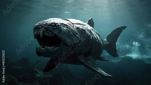 Dunkleosteus, a massive armored placoderm from the devonian period, swims in a dim prehistoric ocean environment, showcasing its powerful jaw and predatory nature