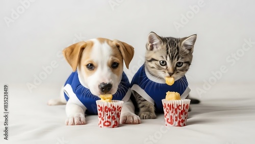 Minimalist Pet Accessories on Clean. Cute puppy and kitten in matching blue vests enjoying treats on a pristine studio background, showcasing delightful animal companionship