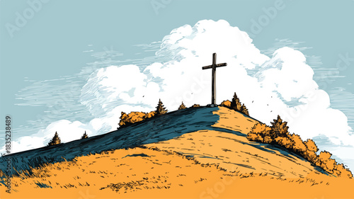 Sacred Cross Symbol on Hilltop Vector with Outline for Design Projects