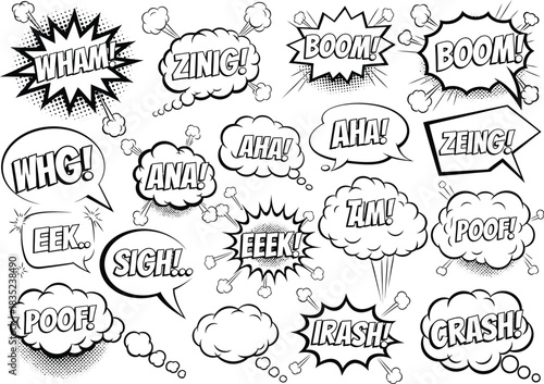 Comic Sound Effect Bubbles Set 'Wham' 'Boom' Words in Black and White Outlines