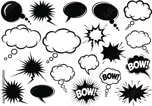 Comic Speech Bubbles Set Black Outline, Different Styles, Cartoon Balloons, White Fill