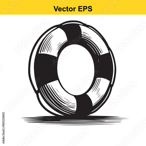 Woodcut style lifebuoy sketch, symbol of marine safety and rescue