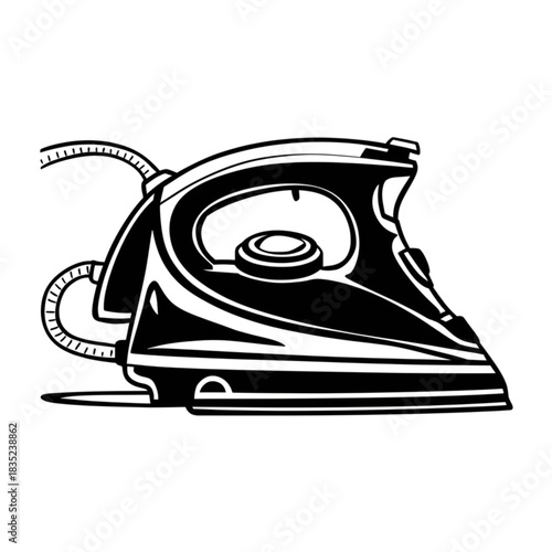 Black silhouette of a modern steam iron on white background