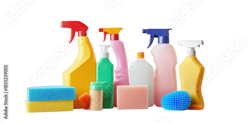 A arrangement of various cleaning products. including spray bottles and sponges. set against a minimalist white background. ideal for home cleaning and organization themes