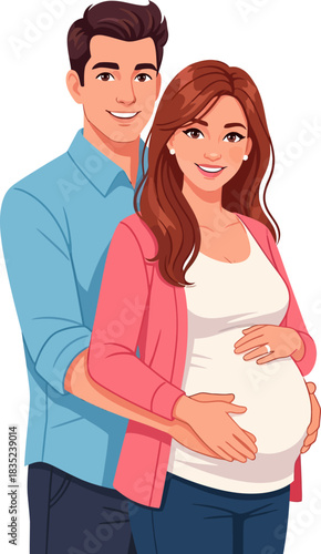 Happy Pregnant Couple Embracing. Expectant Parents Vector Illustration Isolated on White.
