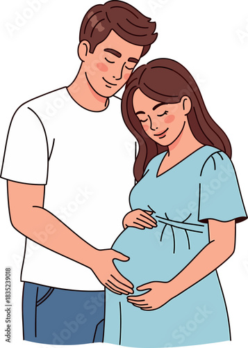 Loving pregnant couple expecting a baby. Happy man embracing pregnant woman. Parenthood concept illustration.