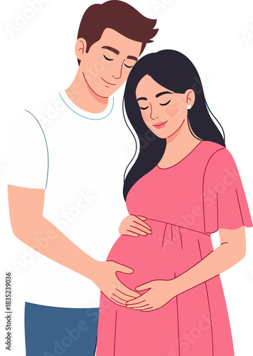 Expecting Parents Embracing Pregnant Belly. Happy Couple Showing Love and Affection in Flat Vector Illustration.