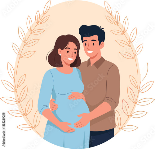 Happy Pregnant Couple Embracing Belly in Floral Frame