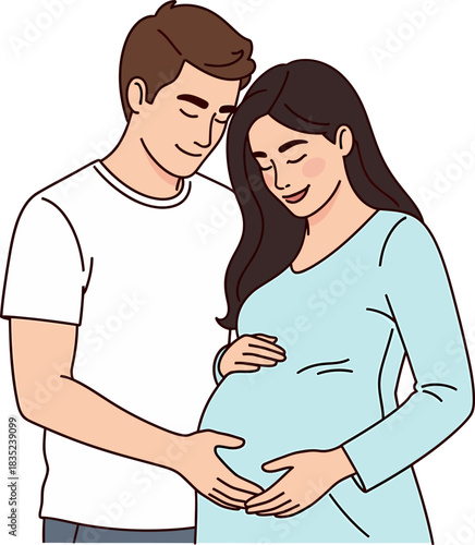 Happy pregnant couple holding baby bump. Expectant parents vector illustration isolated on white.