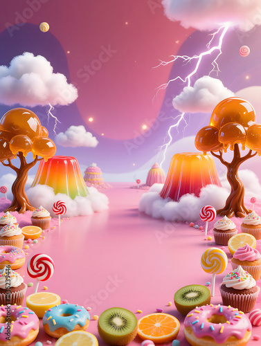 Colorful dessert landscape with trees, sweets, and lightning