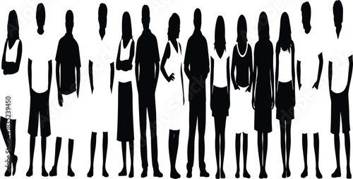 "Diverse group of people silhouettes, standing together, black and white minimal style, unity, diversity, social interaction, demographic representation