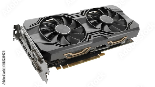 Modern gray graphics card PNG isolated on transparent background, computer hardware component for gaming and high performance computing
