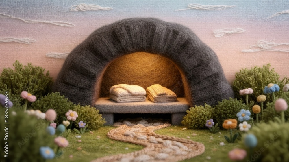 Obraz premium Empty tomb of Jesus Christ made of yarn and knitting for Easter. Biblical scene for Sunday school or religious holiday celebration in fiber art style.