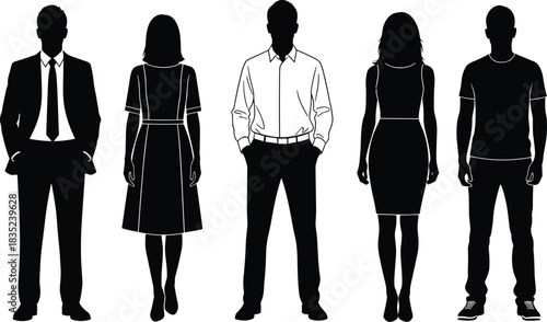 Diverse human silhouettes in various fashion styles, casual to formal, black vector people icons for dress code illustration, stock art