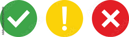 Correct Sign, Exclamation Sign, Cross Sign On White Background Symbol In Flat Style