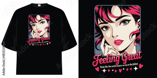 feeling great slogan retro pop art graphic tee shirt with  and anime style woman t shirt design vector illustration artwork
