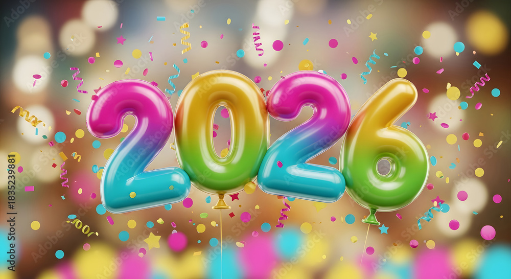 Fototapeta premium Colorful gradient number balloons 2026 floating with confetti and bokeh lights celebration