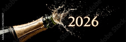 A luxurious 2026 New Year celebration featuring a champagne bottle popping with sparkling wine splashing against a dark background, countdown designs, celebration graphics and New Year’s Eve promotion
