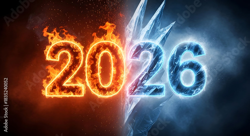 The year 2026 represented by fiery orange numbers contrasting with icy blue numbers
