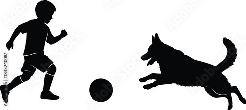 Dynamic silhouette of boy running and kicking a soccer ball while a large playful dog jumps next to him, representing childhood fun outdoor sport and pet companionship concepts