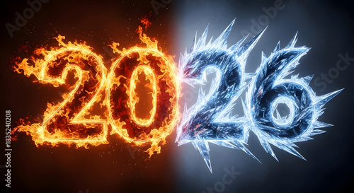 Fiery hot number 20 transitions into icy cold number 26 symbolizing contrast and change