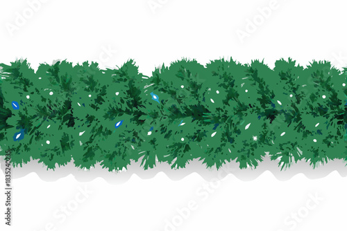 Green christmas garland with blue and white lights border