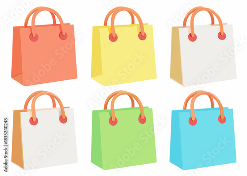 Collection of six colorful shopping bags on a white background