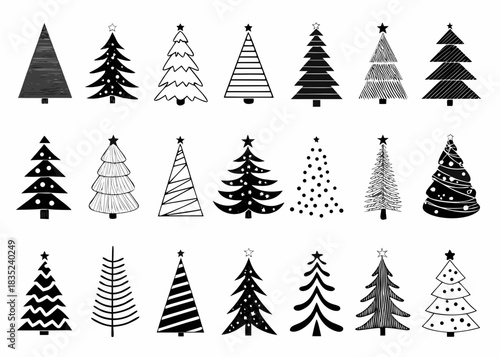 Collection of diverse hand drawn black and white christmas trees