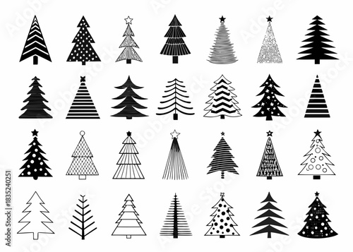 Collection of diverse black and white christmas tree illustrations with unique patterns