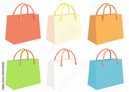 Collection of six colorful shopping bags on a white background