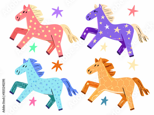 Four colorful cartoon horses decorated with stars and stars scattered around