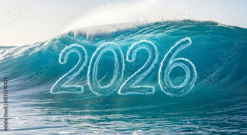 The year 2026 written in glowing ice on a cresting ocean wave under bright sunlight