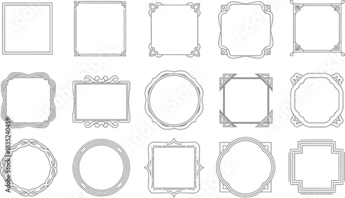 Decorative Border Outline Shapes Collection on White Background Set, Gray Line Art