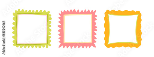 Cute bright square frames. Squiggle colorful photo borders. Wiggly groovy shapes, funky vector childish set