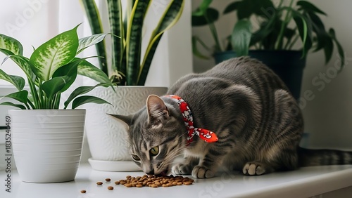 A domestic tabby cat wearing a red bandana eats dry food, an example of Minimalist Pet Accessories on Clean white windowsill with houseplants