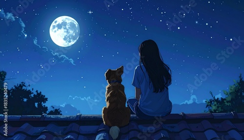 an anime girl/woman and her dog are sitting on a rooftop and looking at the moonlit sky full of stars