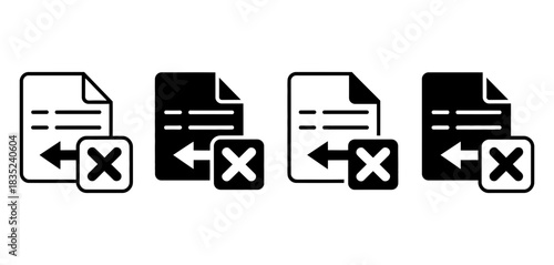 Document rejection icon set with arrow pointing left and cross symbol, symbolizing file denial, error, or cancellation in data processing, presented in line and solid fill styles.