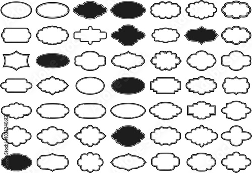 Decorative Collection Black Shapes, Borders, Ornate Outlines on White