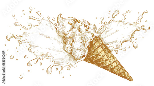 Delicious Ice Cream Cone with Milk Splashes Vector Drawing