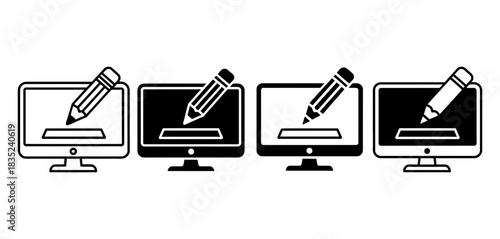 Set of four computer monitor icons with a pencil editing on screen, showing both outline and solid filled versions for design concepts.