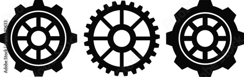 Three black gear icons aligned horizontally representing mechanics and engineering