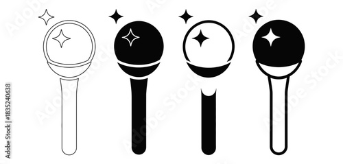 Collection of four icons representing a microphone or glowing stick with sparkling stars, in outline and silhouette styles for easy graphic design use.
