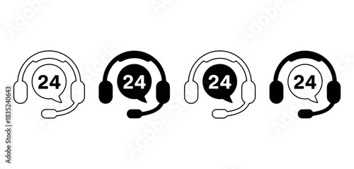 Collection of headset icons symbolizing 24-hour customer support, call center services, and continuous assistance for businesses.