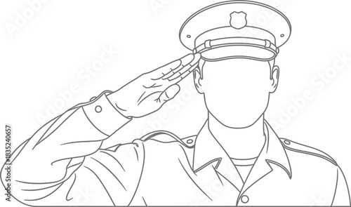 A detailed line drawing of a military officer saluting respectfully