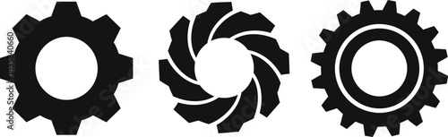 Four black gear icons shown in a simple flat design arrangement