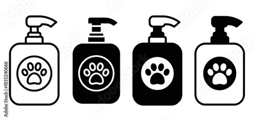 Four diverse pet care shampoo bottles with paw print logos, presented in both line art and solid silhouette styles on a clean backdrop.