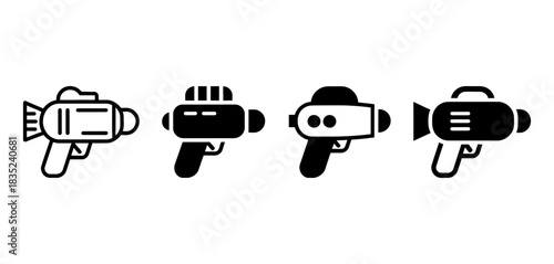 Collection of retro sci-fi ray gun icons, representing futuristic weapons and vintage space exploration, isolated on white for design.