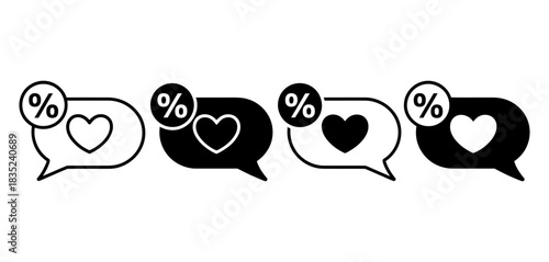 Four speech bubble icons with hearts and percentage symbols, representing deals, discounts, or love-themed promotions. icons show varying fill colors.