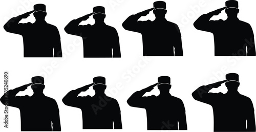 Silhouettes of soldiers saluting in a grid pattern showing respect and honor